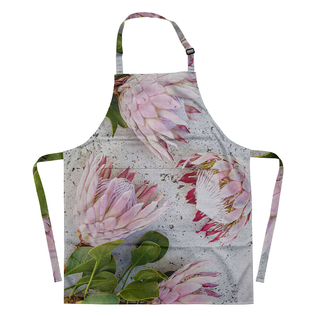 FLORAL PINK PROTEAS ON WHITE APRON