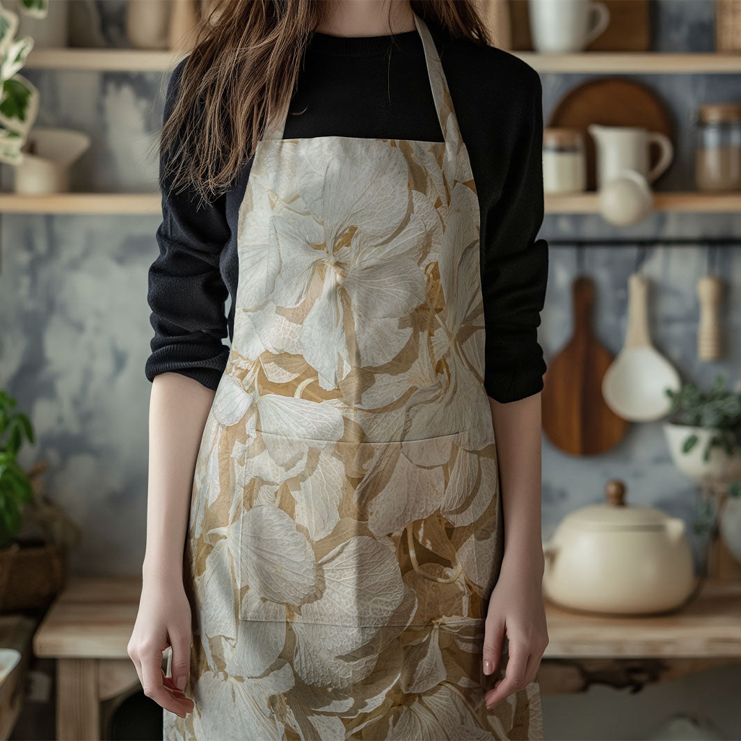 FLORAL CREAM BLEACHED HYDRANGEA LEAVES APRON