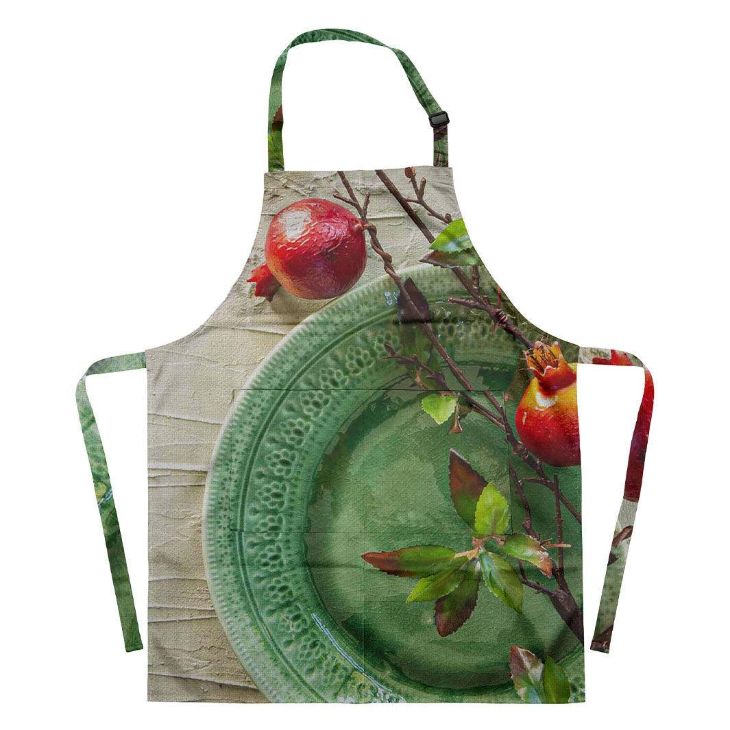 NATURAL RED POMEGRANATES ON GREEN PLATE APRON