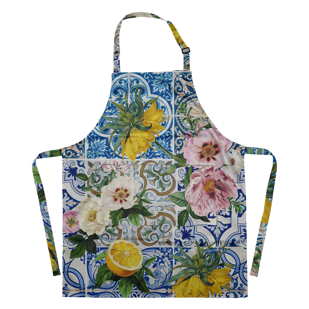PATTERN BLUE LISBON TILE WITH LEMONS & FLOWERS APRON