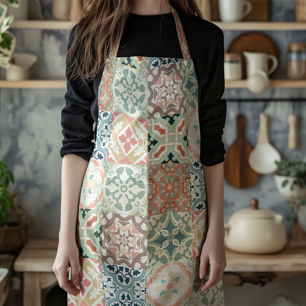 PATTERN TEAL AND ORANGE TILE APRON