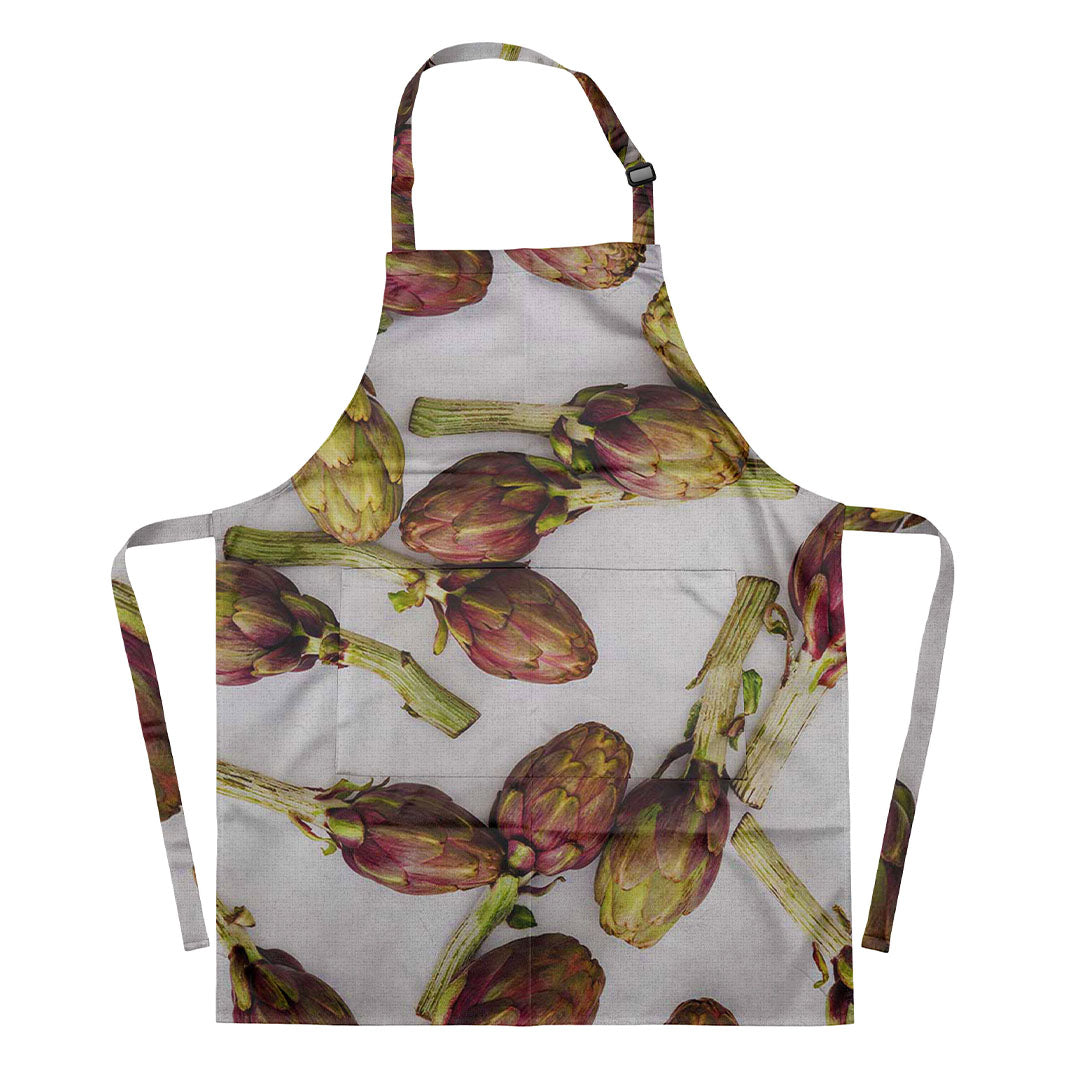ARTICHOKE DEEP GREEN AND PURPLE ON WHITE APRON