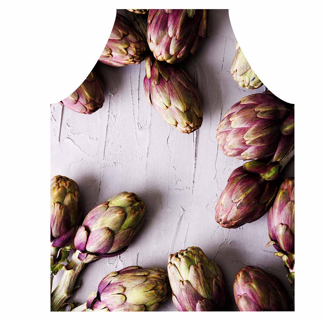 ARTICHOKE DARK PURPLE ON GREY APRON