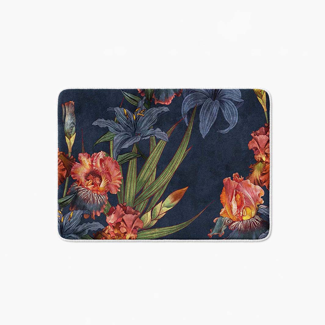 FLORAL NAVY LILIES AND IRIS PAINTING BATHMAT