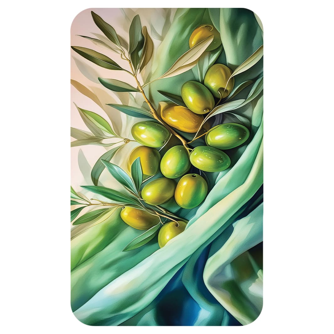 GREEN OLIVES ON SILK KITCHEN TOWEL