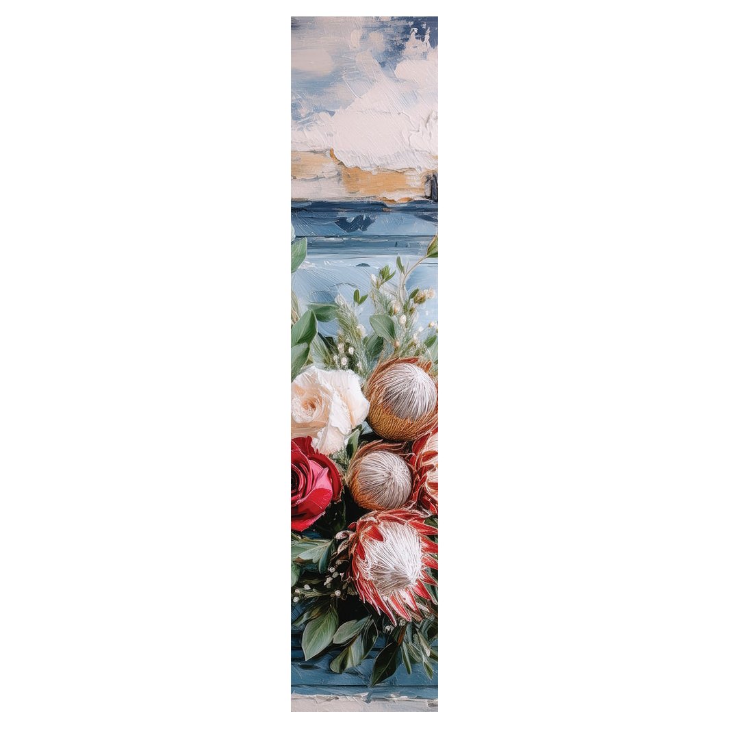 PROTEA AND ROSE BUNCH ON BLUE DOOR TABLE RUNNER