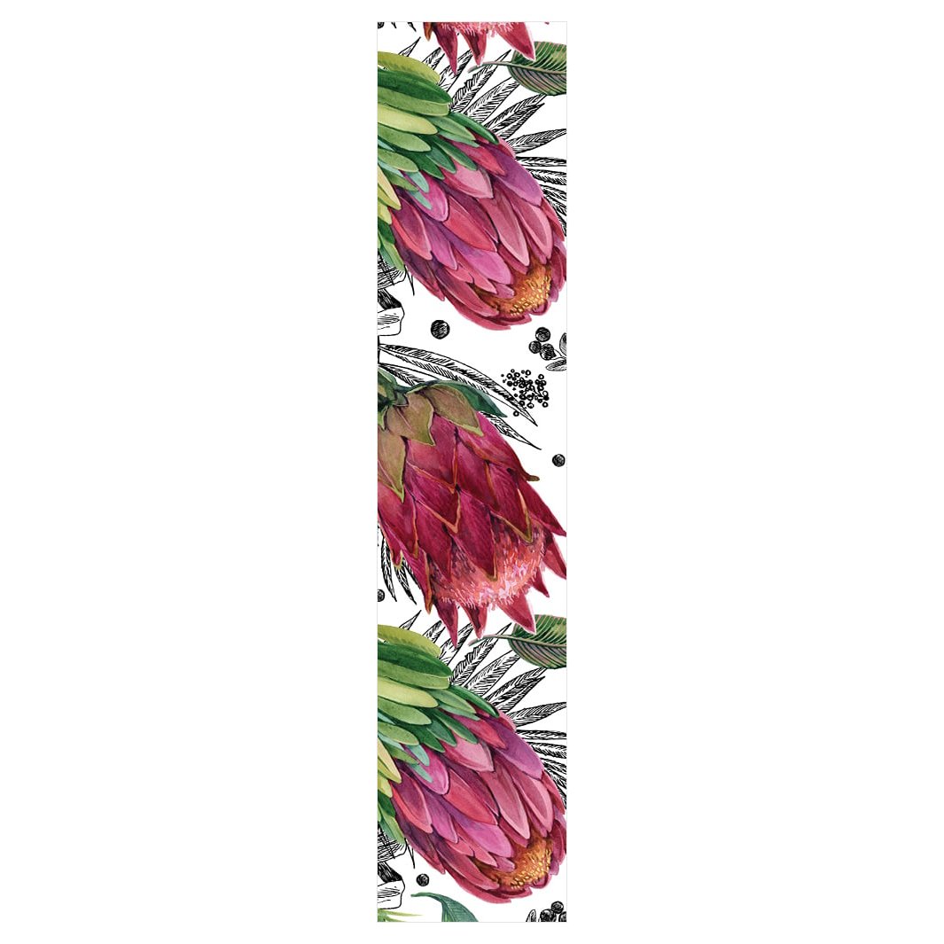 PROTEAS AND LEAVES ON WHITE TABLE RUNNER