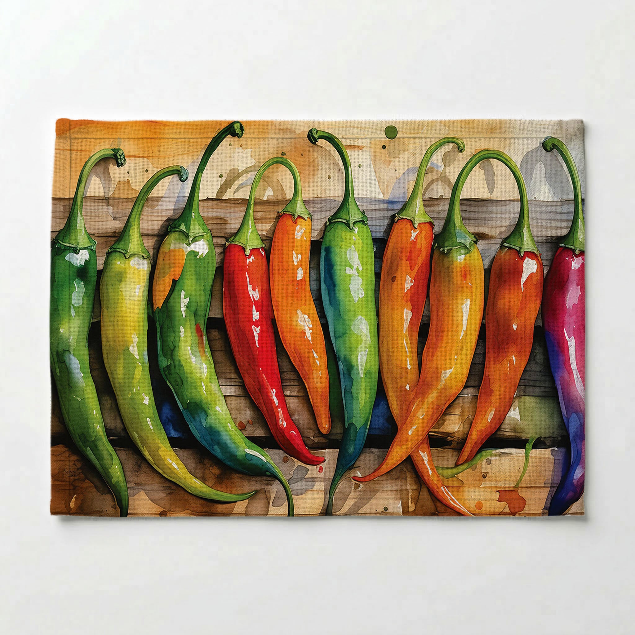 WATERCOLOUR CHILLIES ON WOOD PLACEMAT
