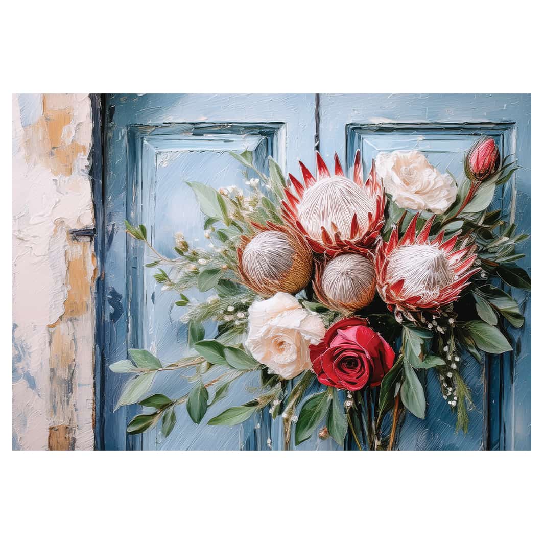 PROTEA AND ROSE BUNCH ON BLUE DOOR PLACEMAT