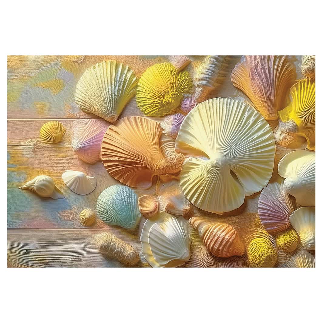 PASTEL SEASHELLS ON WOOD PLACEMAT