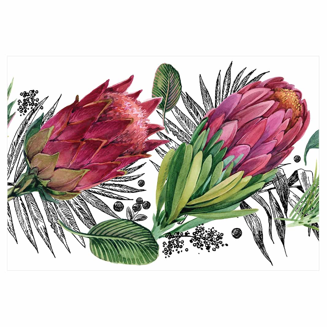 PROTEAS AND LEAVES ON WHITE PLACEMAT
