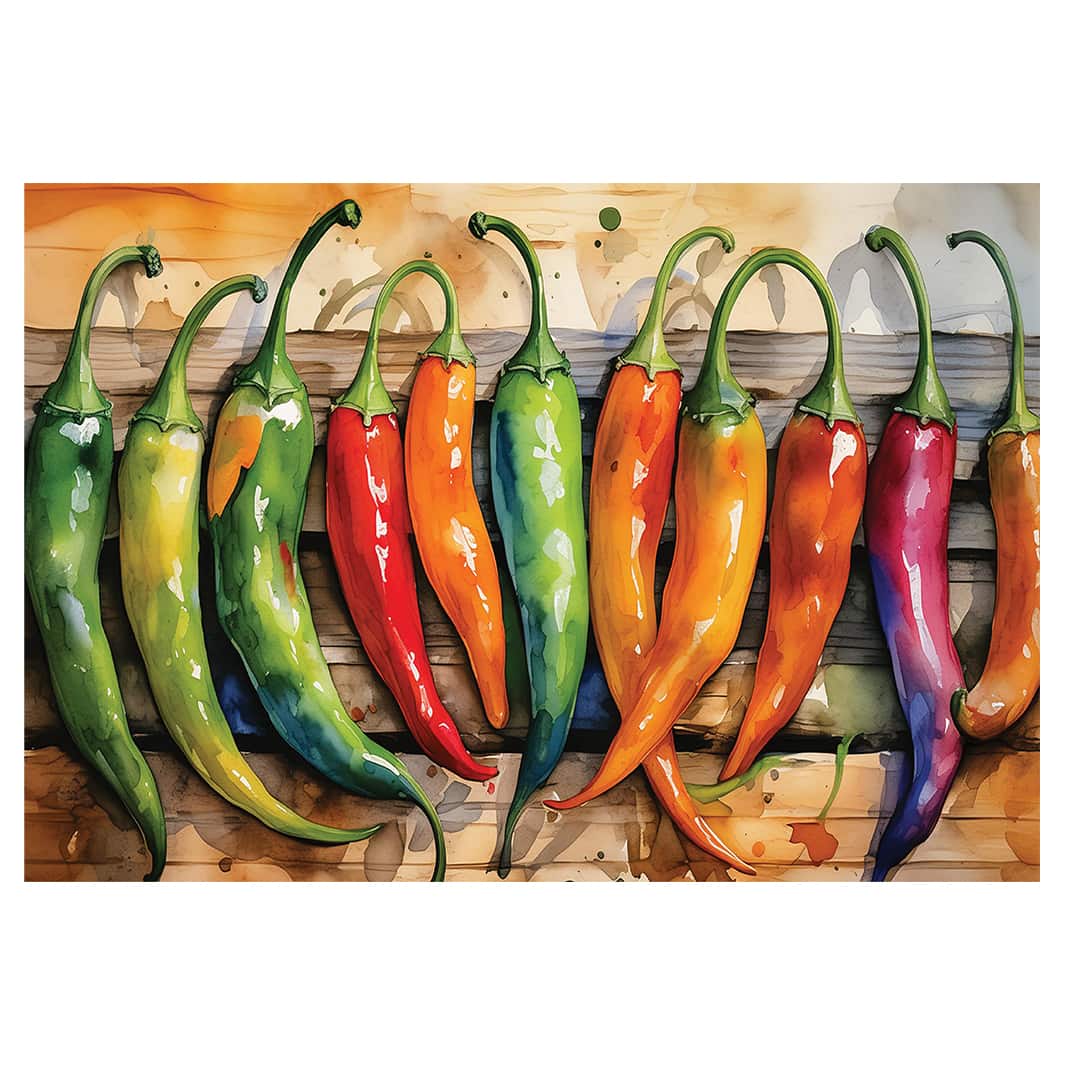 WATERCOLOUR CHILLIES ON WOOD PLACEMAT