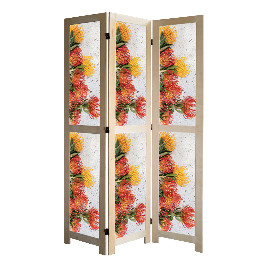 FLORAL ORANGE PIN CUSHIONS ON WHITE ROOM DIVIDER