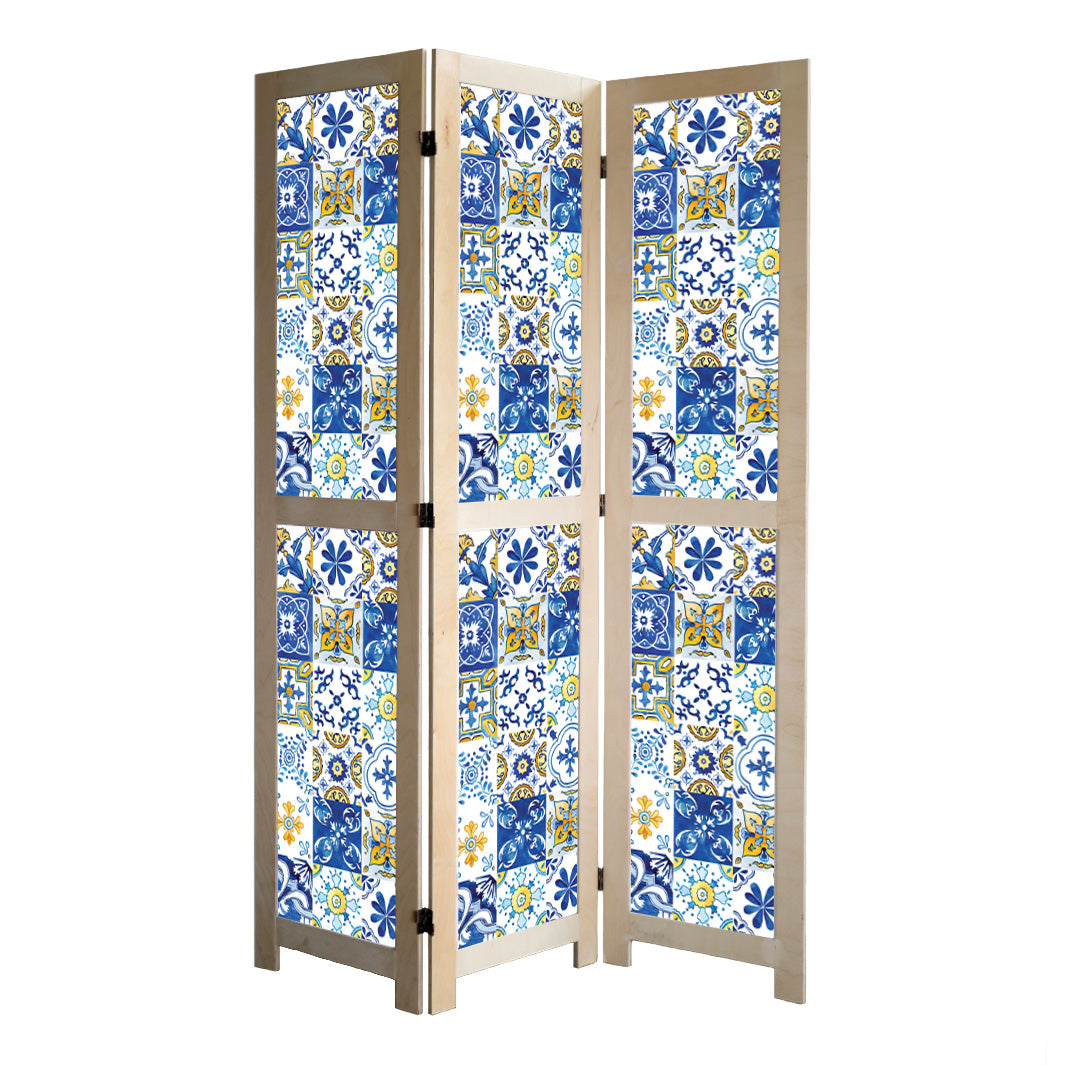 PATTERN BLUE AND YELLOW WATERCOLOUR LISBON TILE ROOM DIVIDER