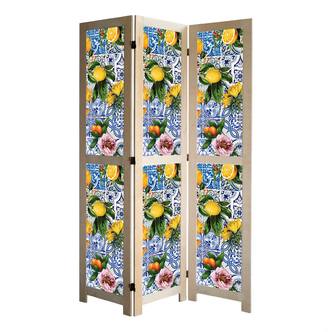 PATTERN BLUE LISBON TILE WITH LEMONS & FLOWERS ROOM DIVIDER