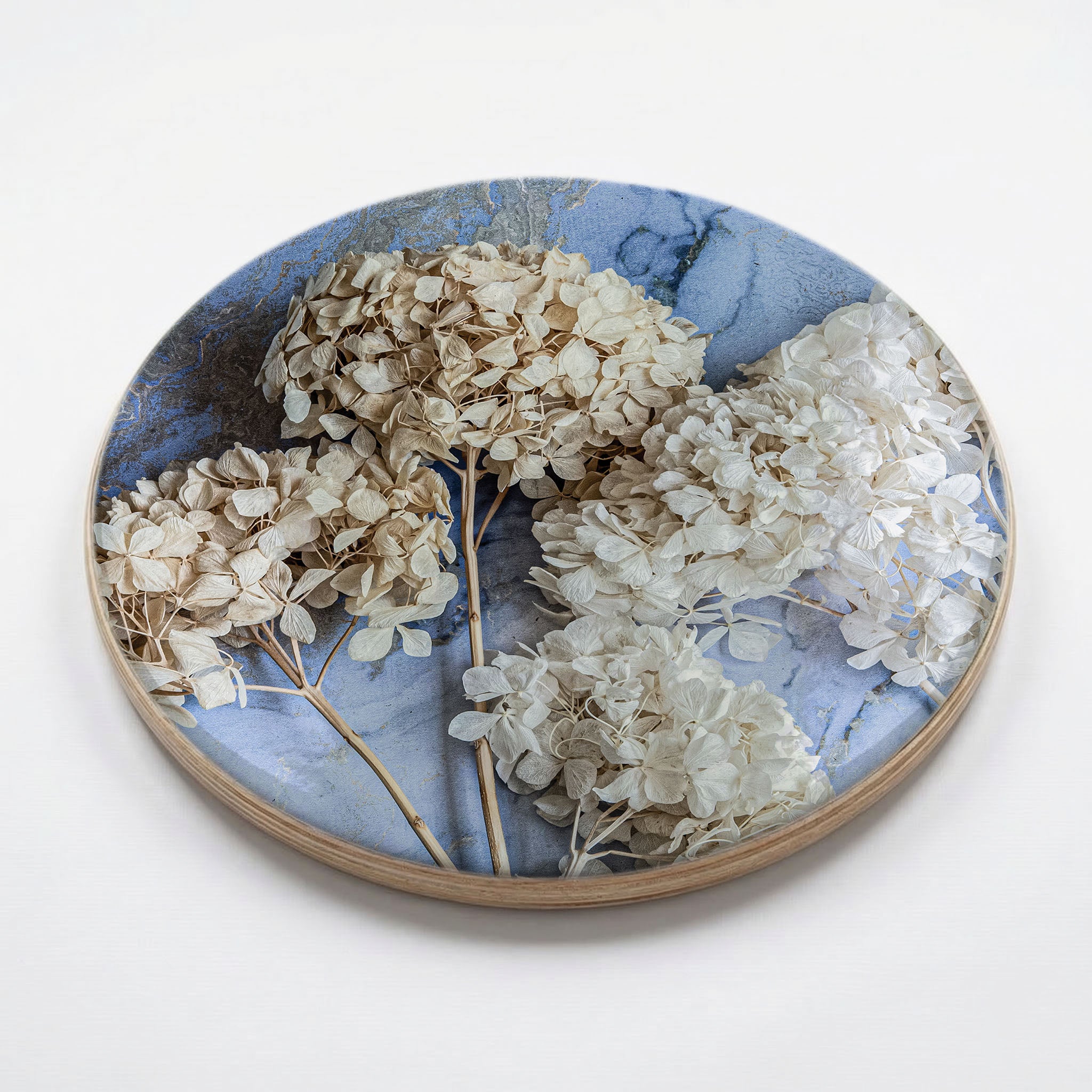 FLORAL CREAM BLEACHED HYDRANGEAS ON BLUE CHEESEBOARD