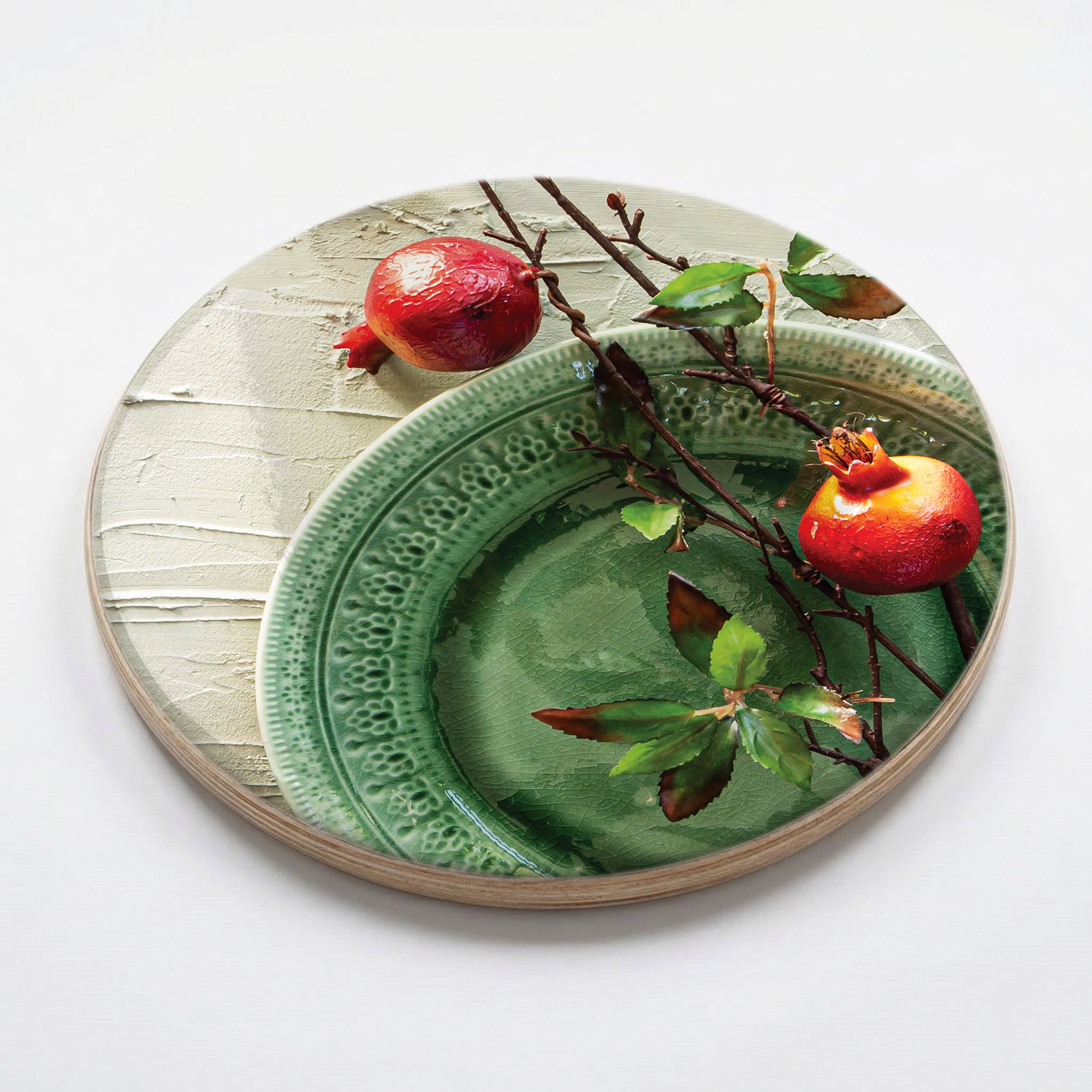 NATURAL RED POMEGRANATES ON GREEN PLATE CHEESEBOARD