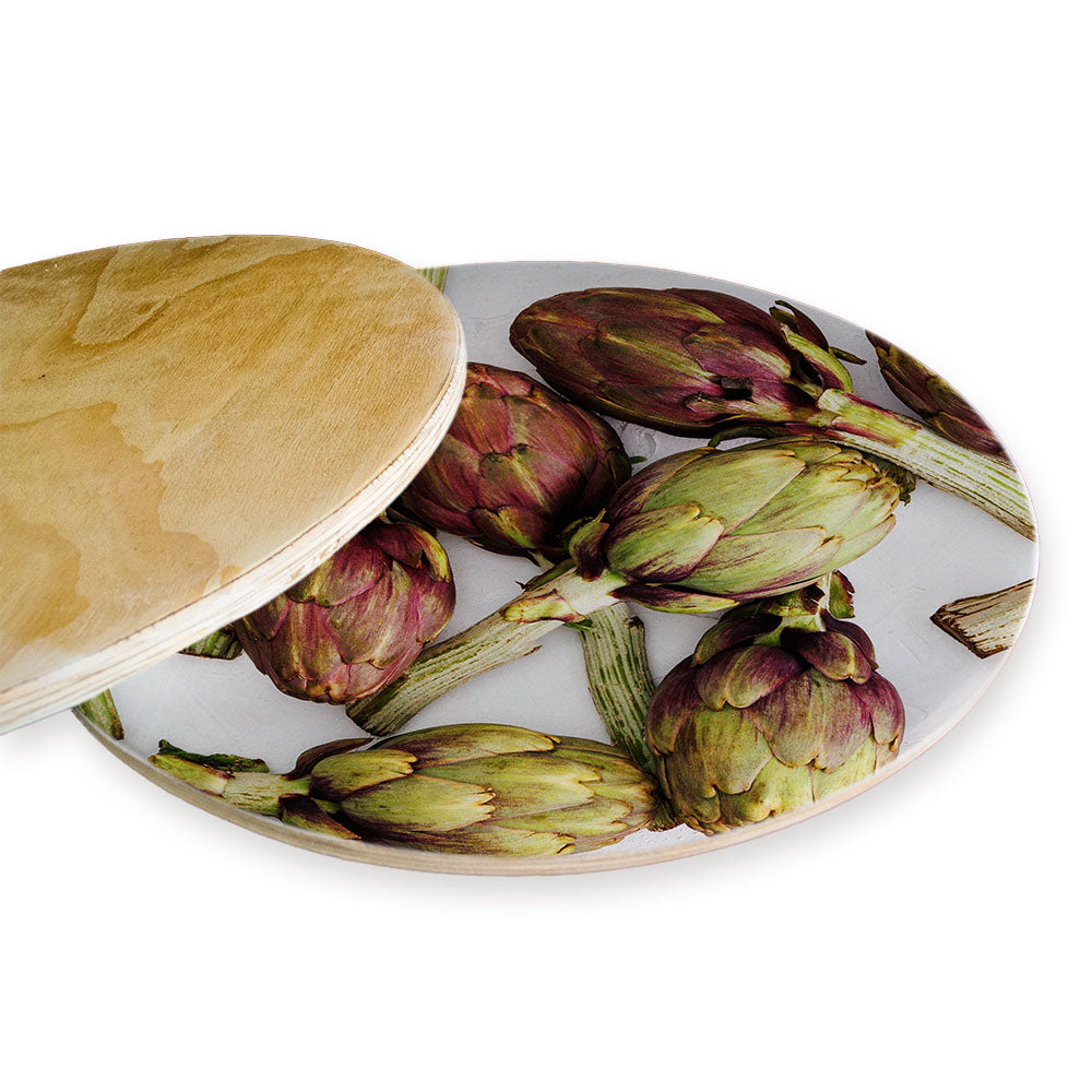ARTICHOKE DEEP GREEN AND PURPLE ON WHITE CHEESEBOARD