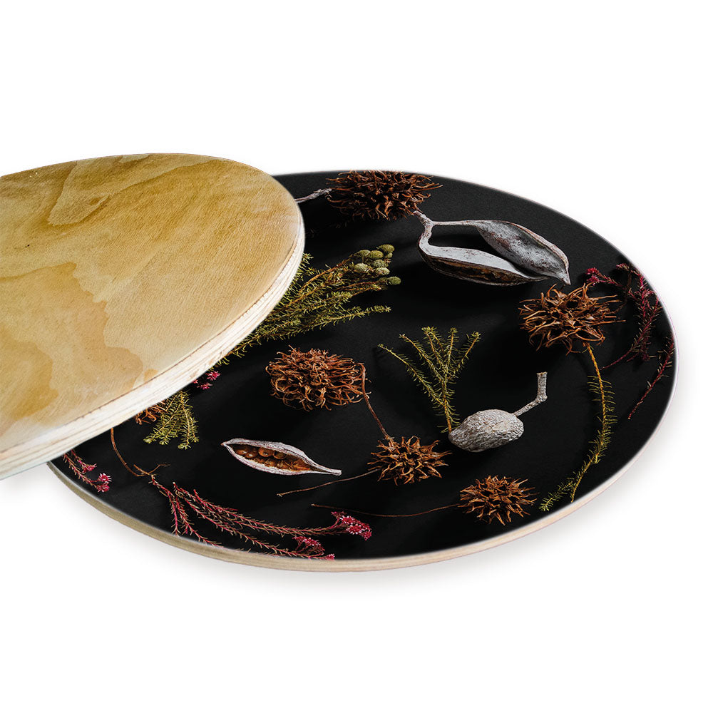 DRIED PODS, SPRIGS, AND SEEDS ON BLACK CHEESEBOARD