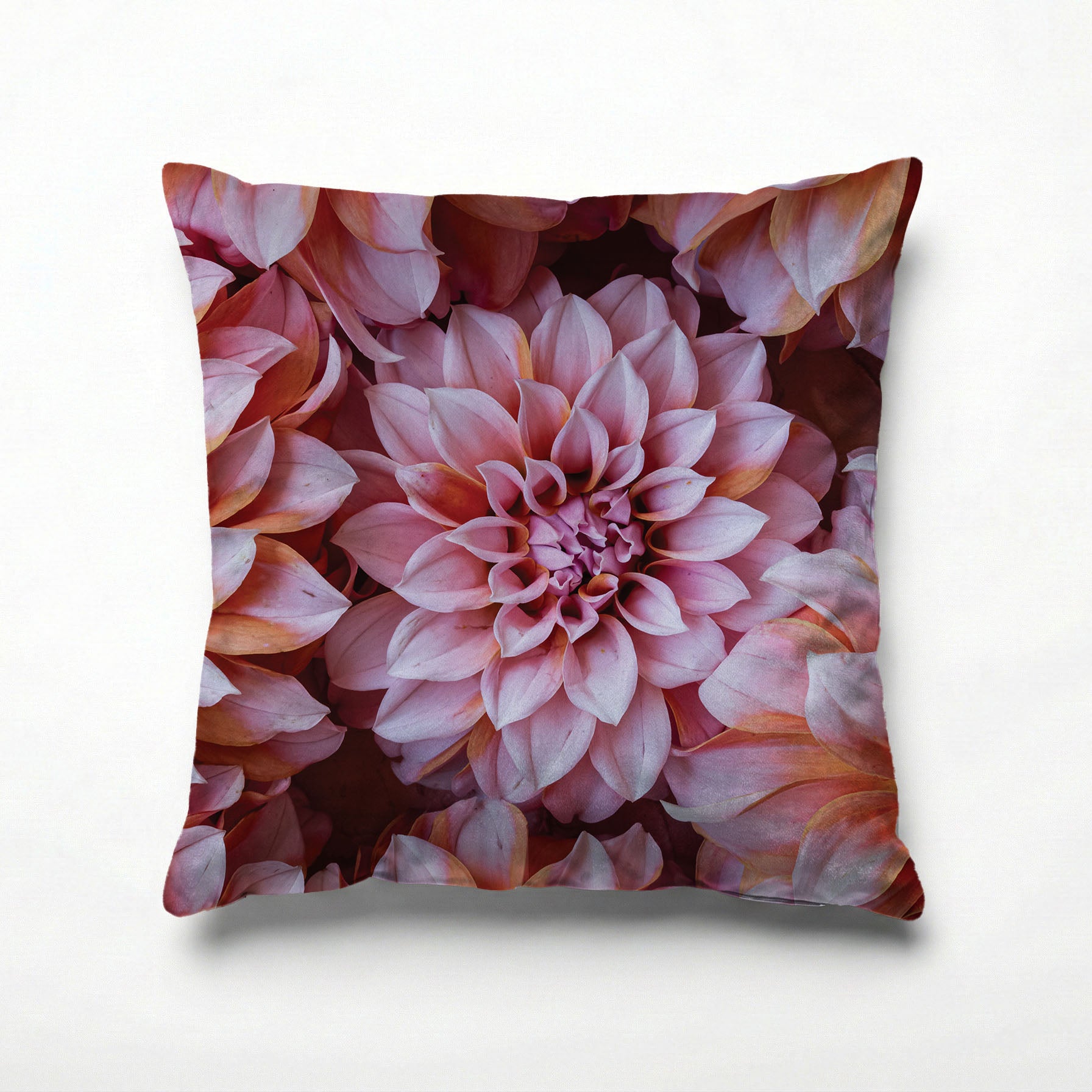 FLORAL PINK AND ORANGE DAHLIA FLOWERS SCATTER CUSHION