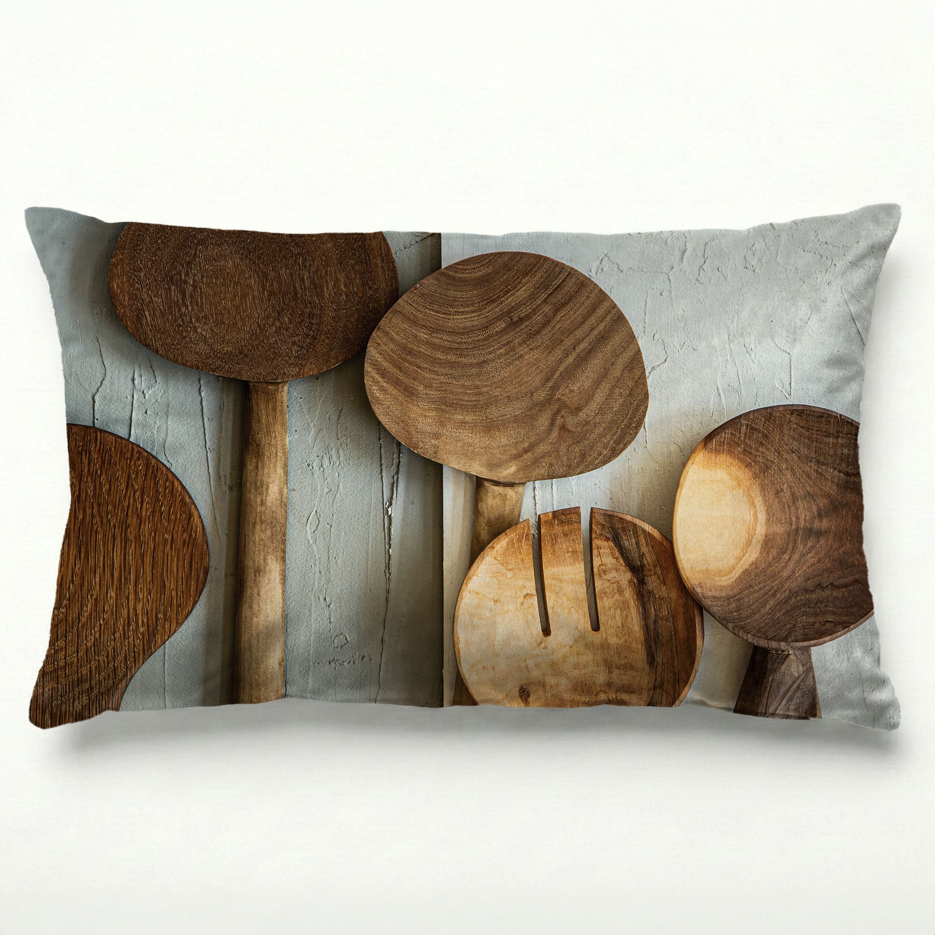 NATURAL BROWN WOODEN SPOONS ON GREY AND WHITE SCATTER CUSHION