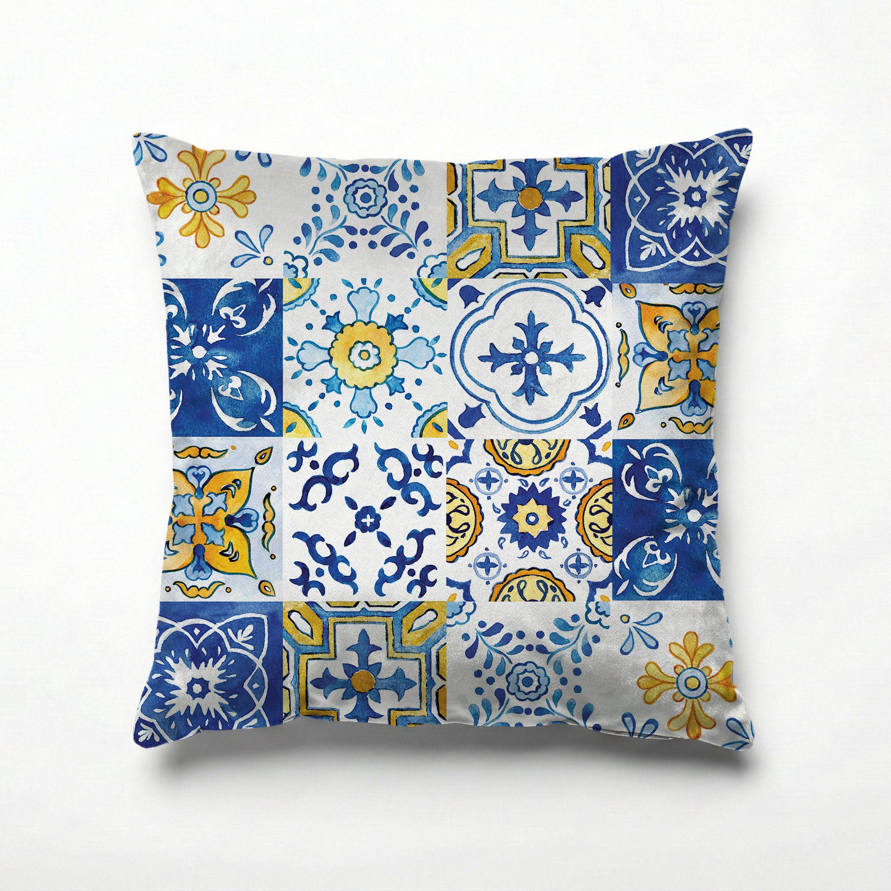 PATTERN BLUE AND YELLOW WATERCOLOUR LISBON TILE SCATTER CUSHION