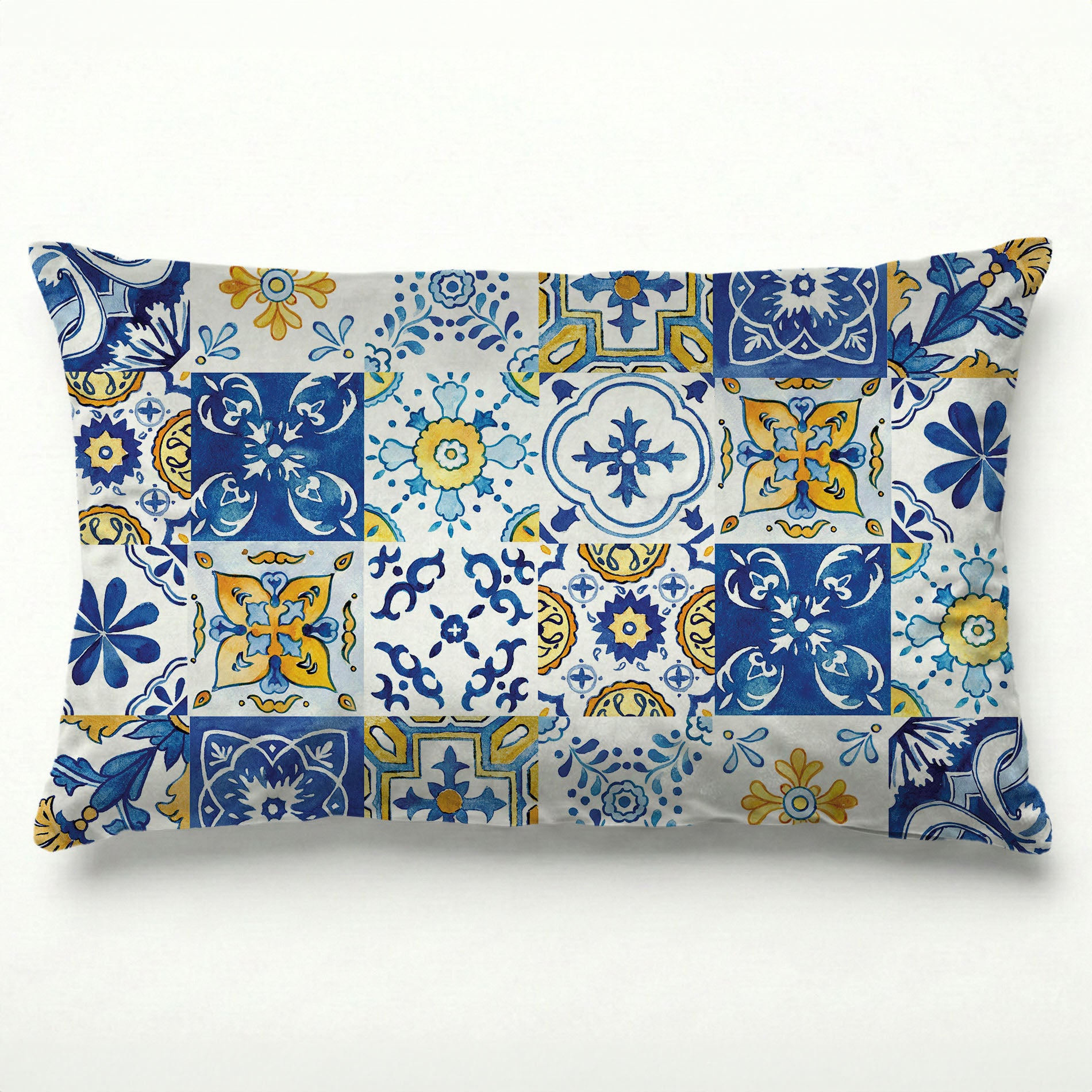PATTERN BLUE AND YELLOW WATERCOLOUR LISBON TILE SCATTER CUSHION