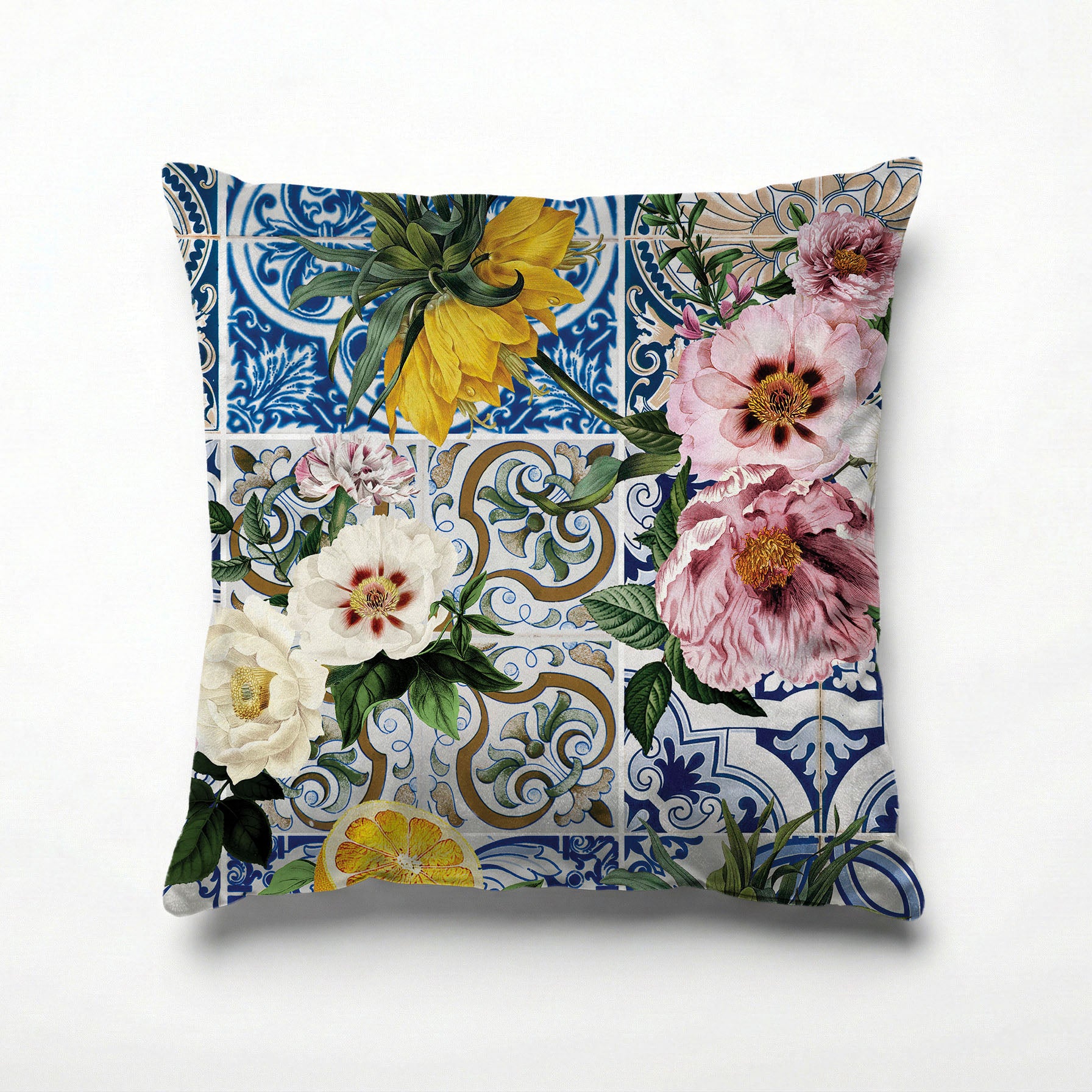 PATTERN BLUE LISBON TILE WITH LEMONS & FLOWERS SCATTER CUSHION