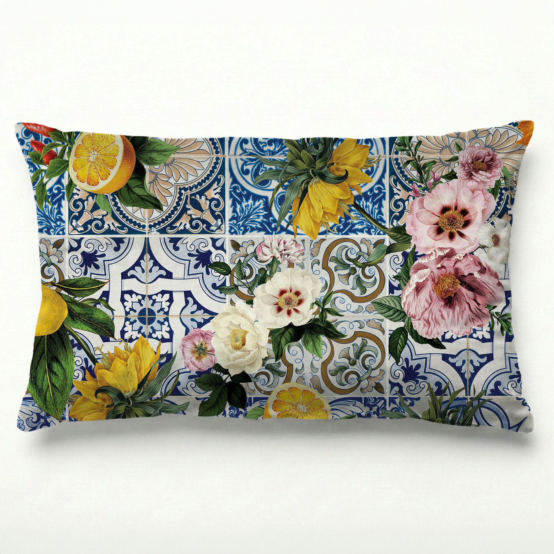 PATTERN BLUE LISBON TILE WITH LEMONS & FLOWERS SCATTER CUSHION