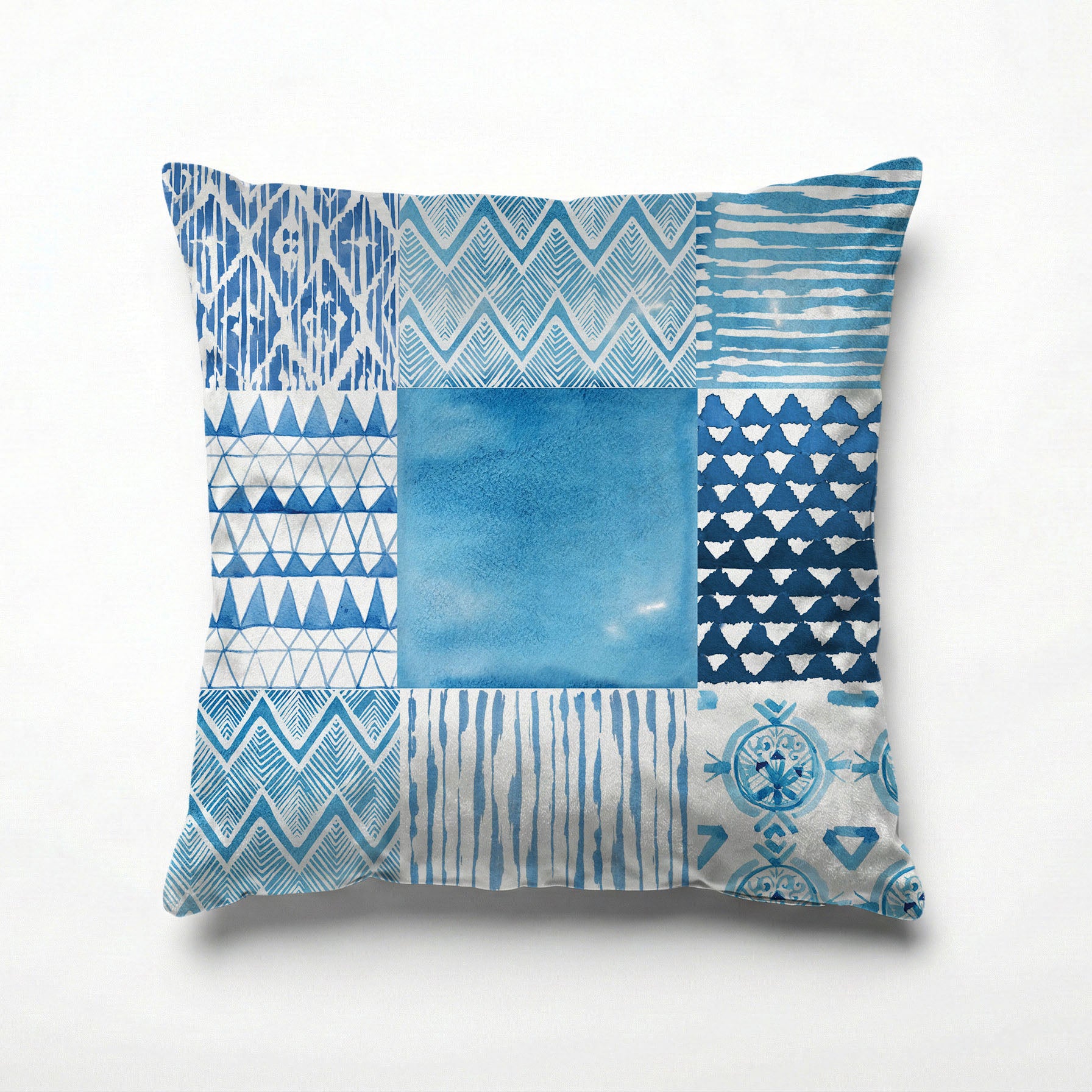 PATTERN BLUE WATERCOLOUR TILE SCATTER CUSHION