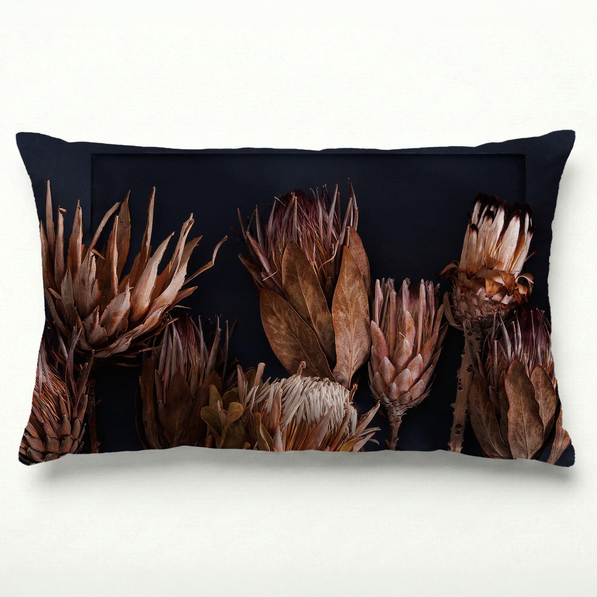 GOLDEN PROTEA ARRANGEMENT ON DARK BLUE SCATTER CUSHION