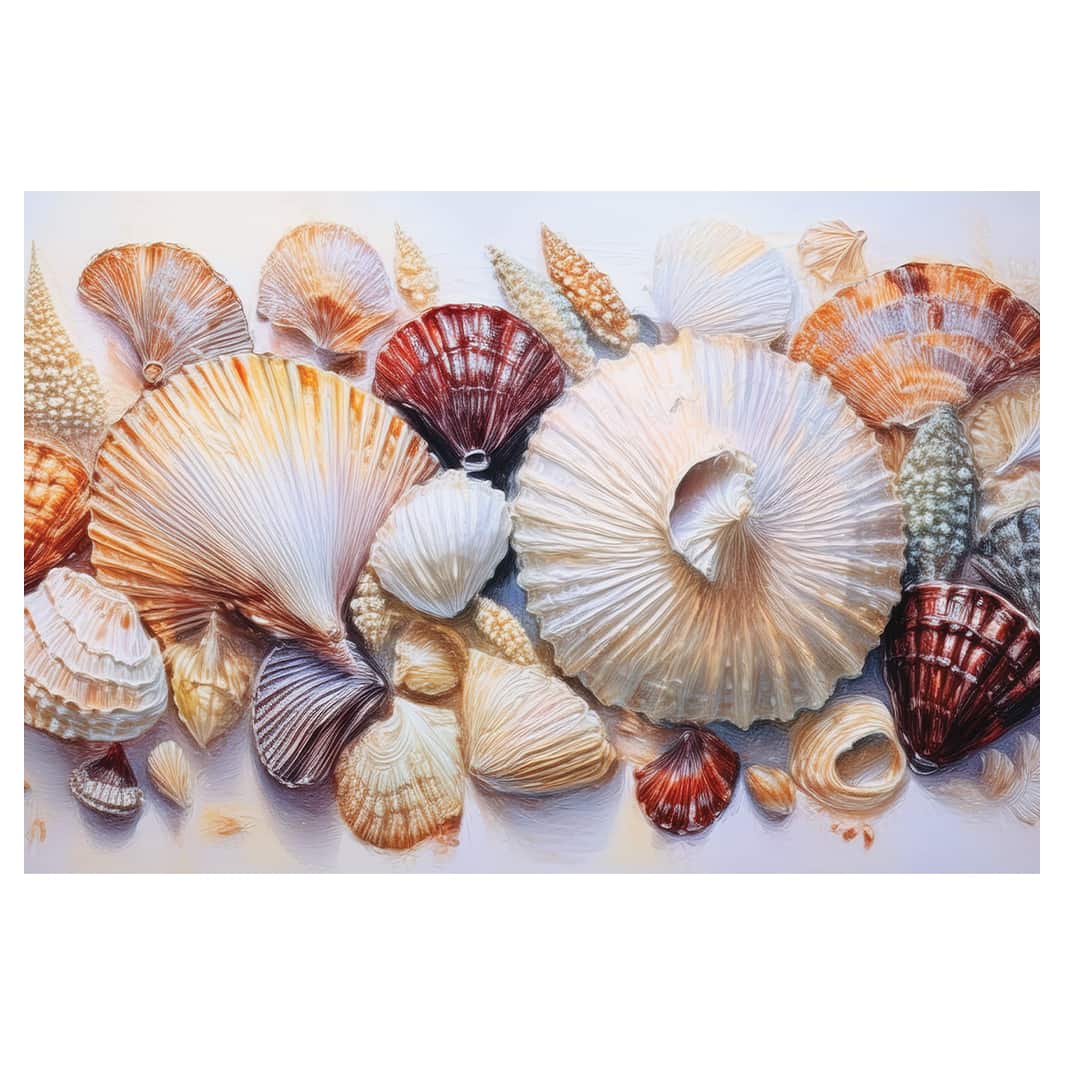 DRAWN SEASHELLS ON WHITE TABLECLOTH