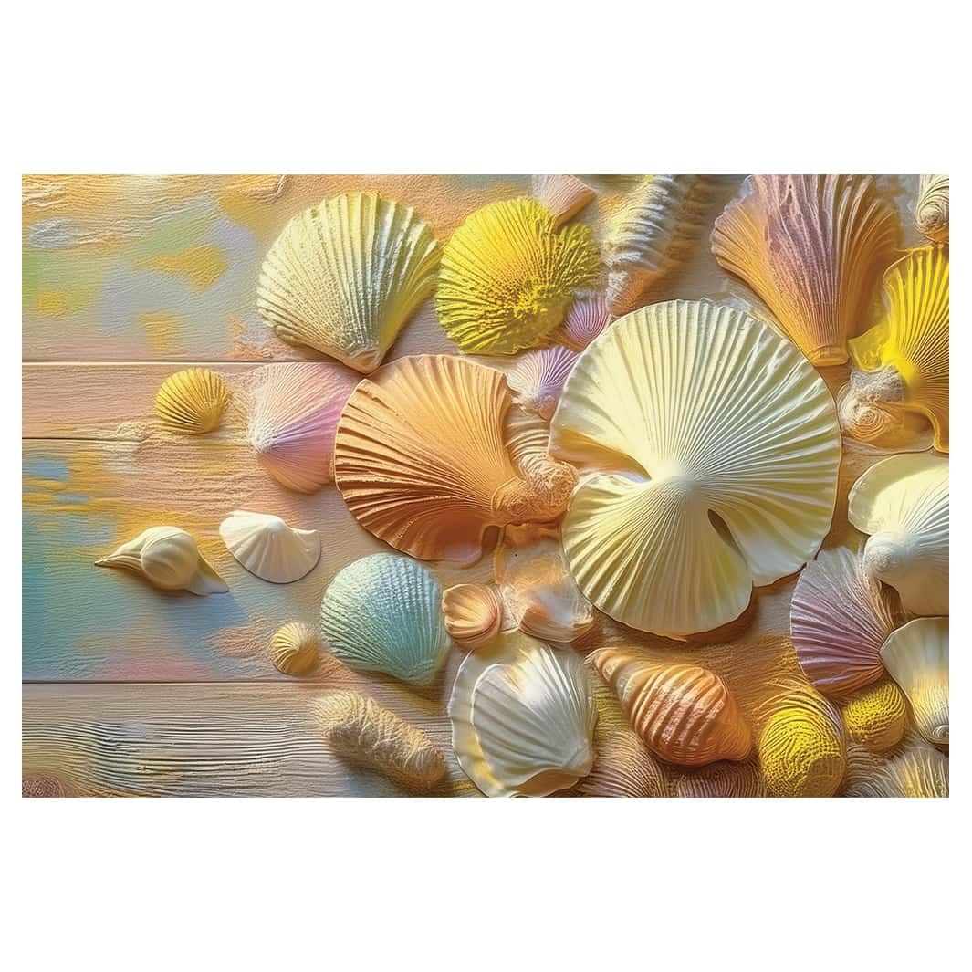 PASTEL SEASHELLS ON WOOD TABLECLOTH