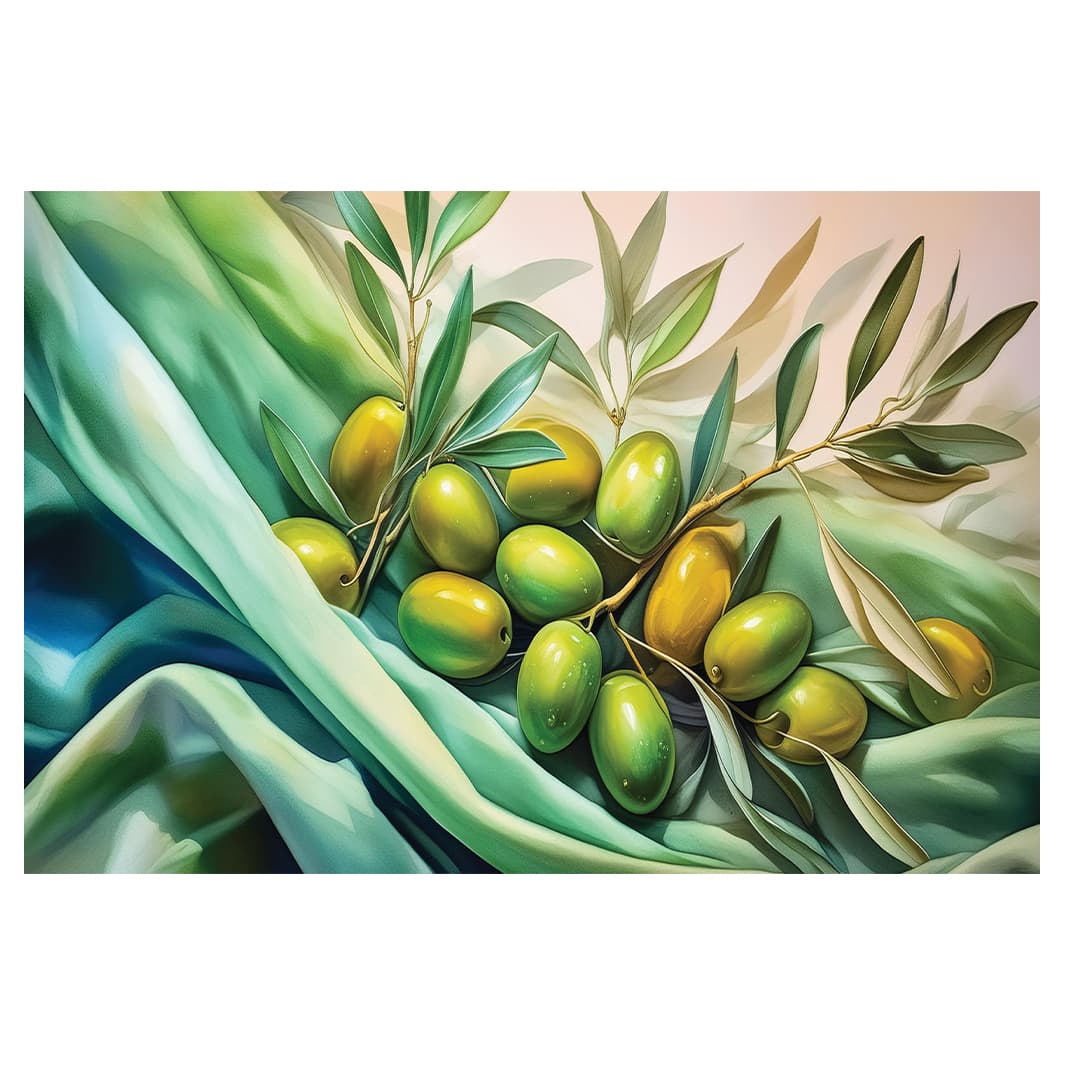 GREEN OLIVES ON SILK TABLECLOTH