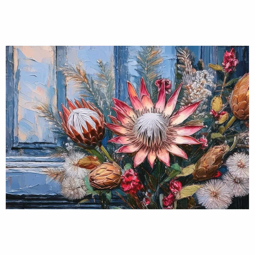 PROTEA BUNCH ON BLUE DOOR TABLECLOTH
