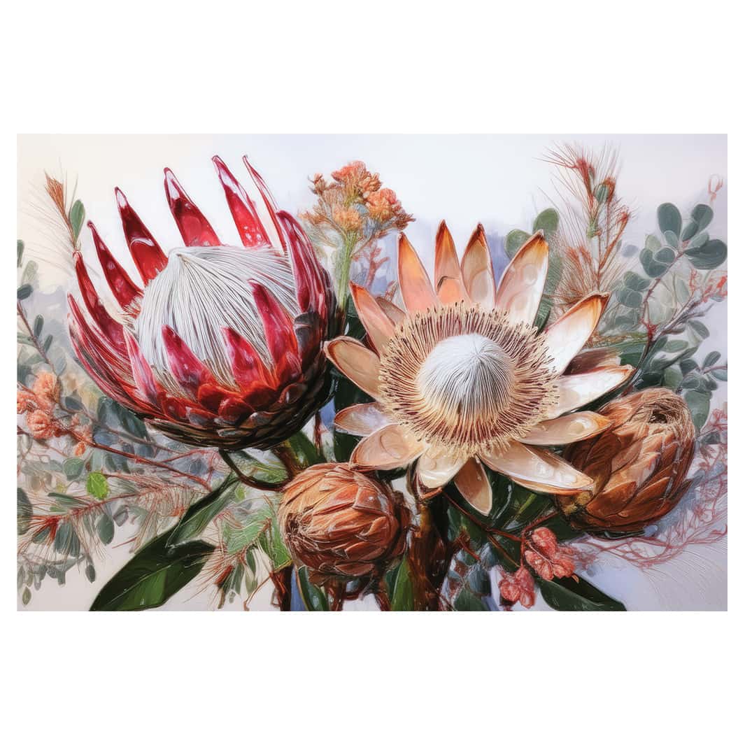 PROTEA BUNCH ON WHITE TABLECLOTH
