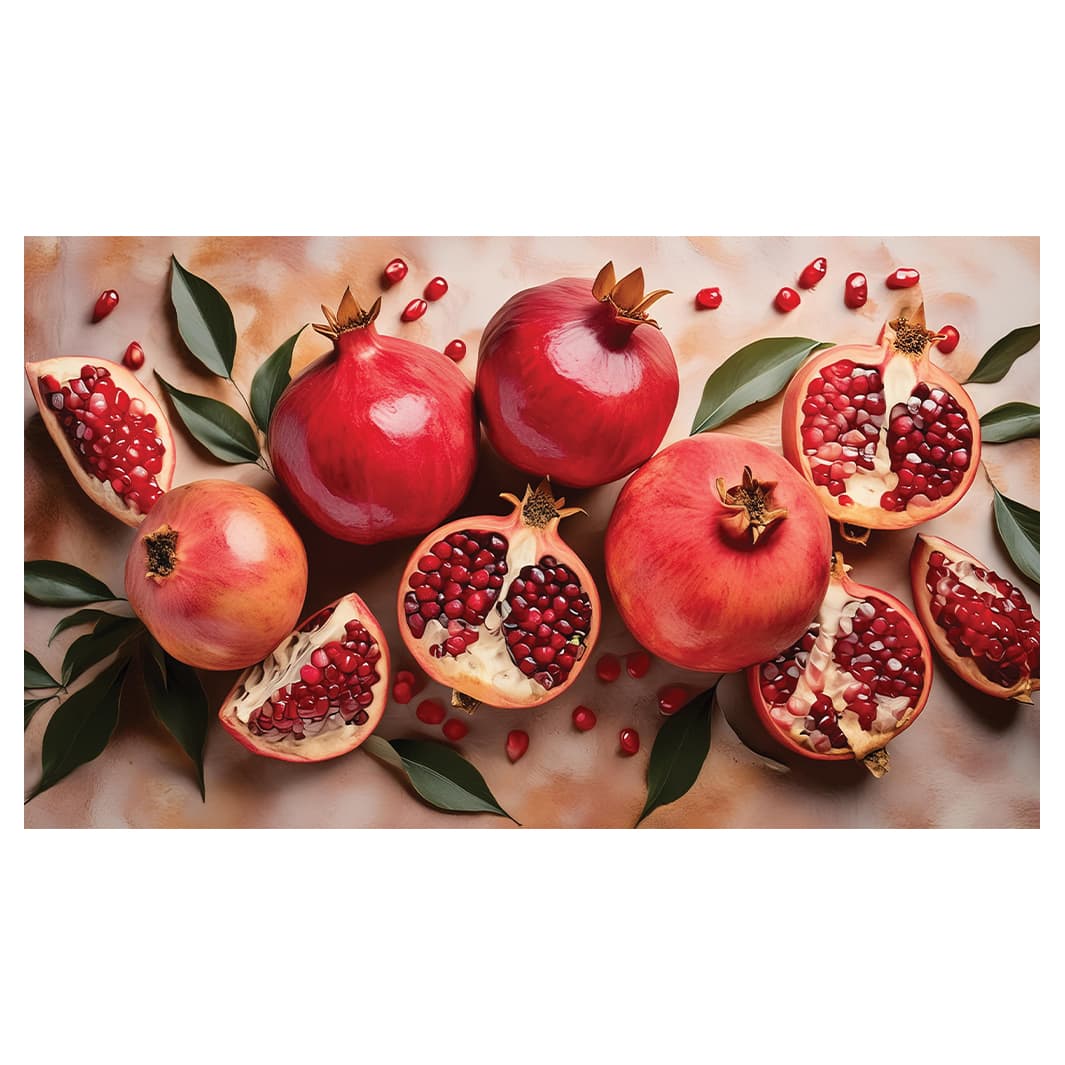 RED POMEGRANATES WITH LEAVES AND SEEDS TABLECLOTH