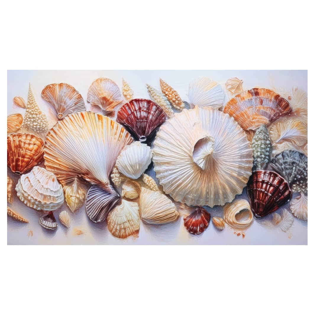 DRAWN SEASHELLS ON WHITE TABLECLOTH