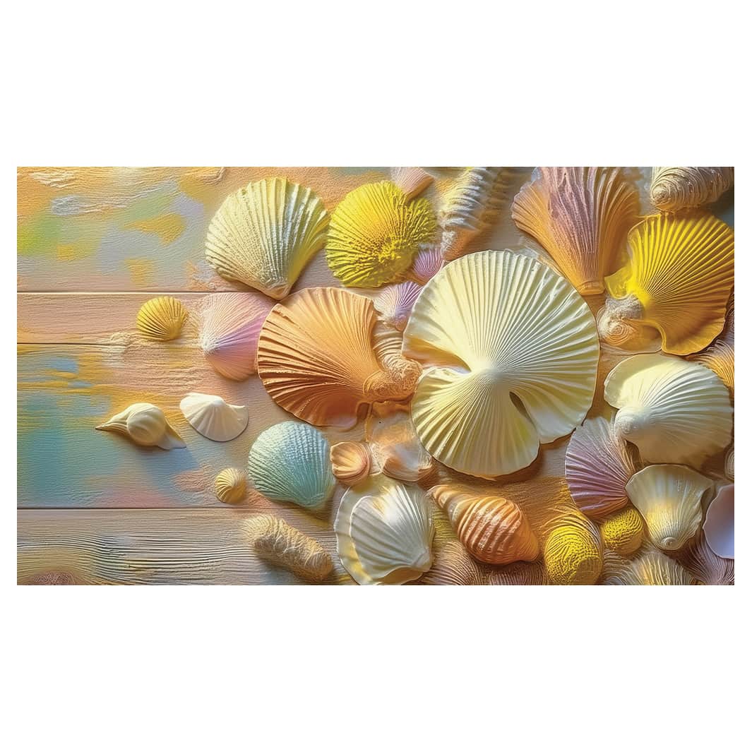 PASTEL SEASHELLS ON WOOD TABLECLOTH