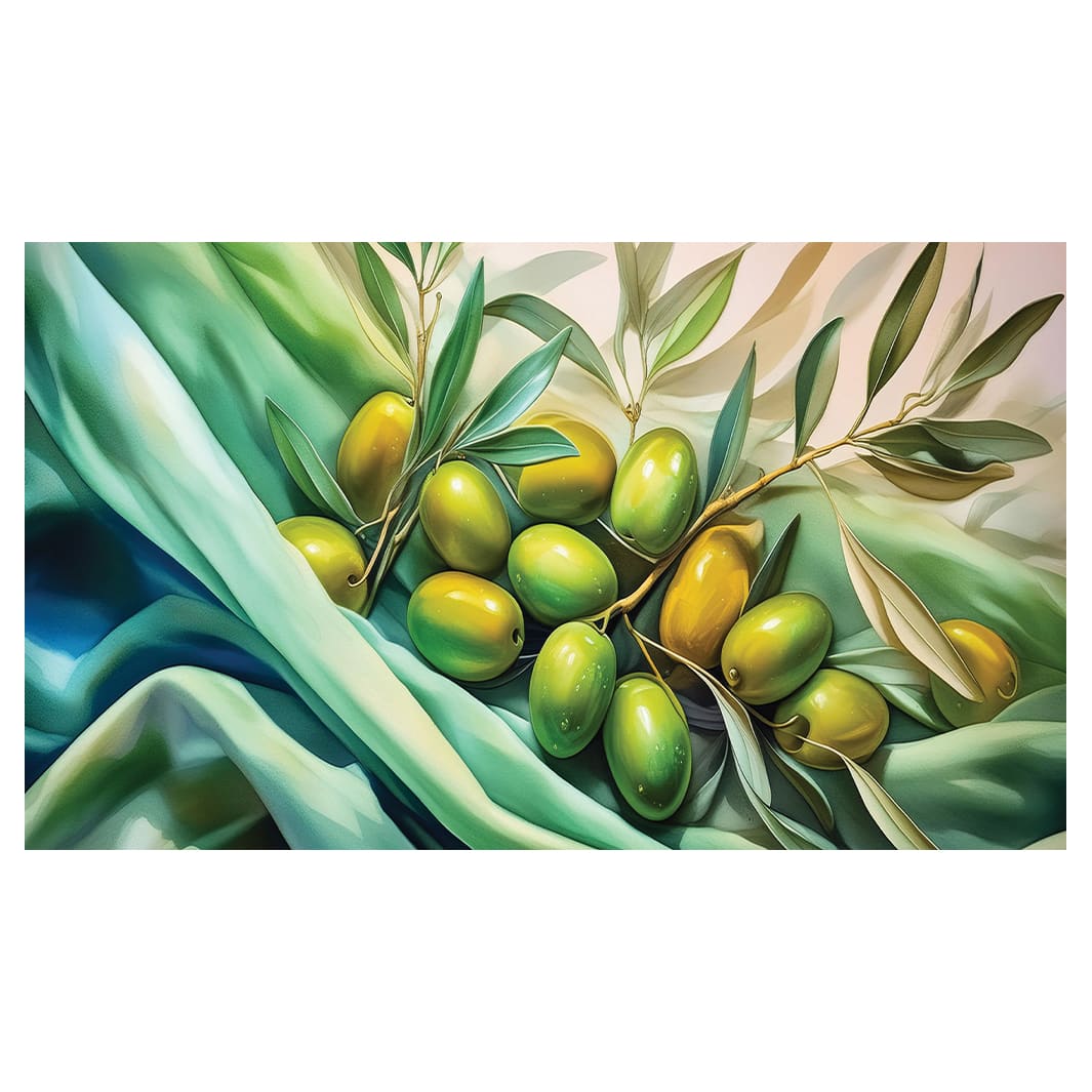 GREEN OLIVES ON SILK TABLECLOTH