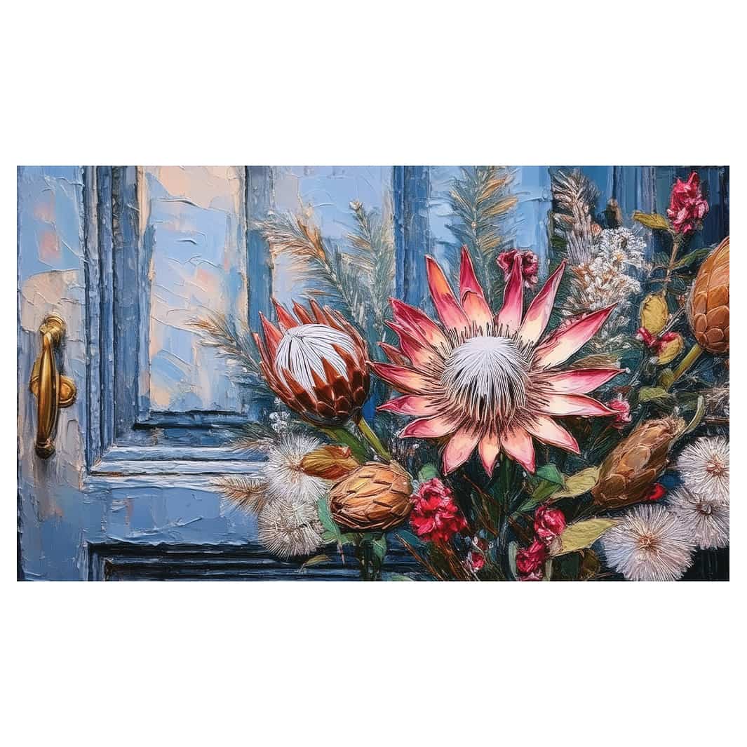 PROTEA BUNCH ON BLUE DOOR TABLECLOTH