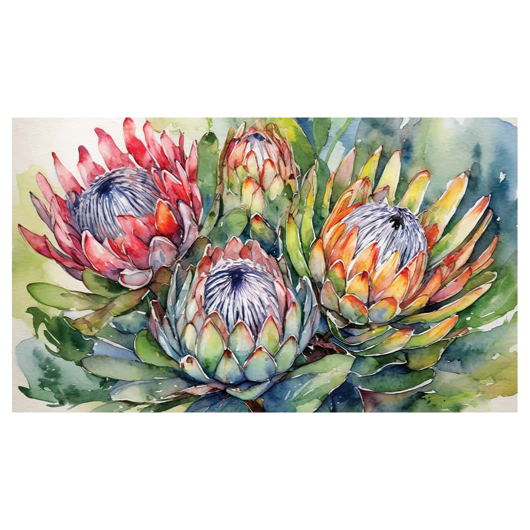 FOUR WATERCOLOUR PROTEAS TABLECLOTH