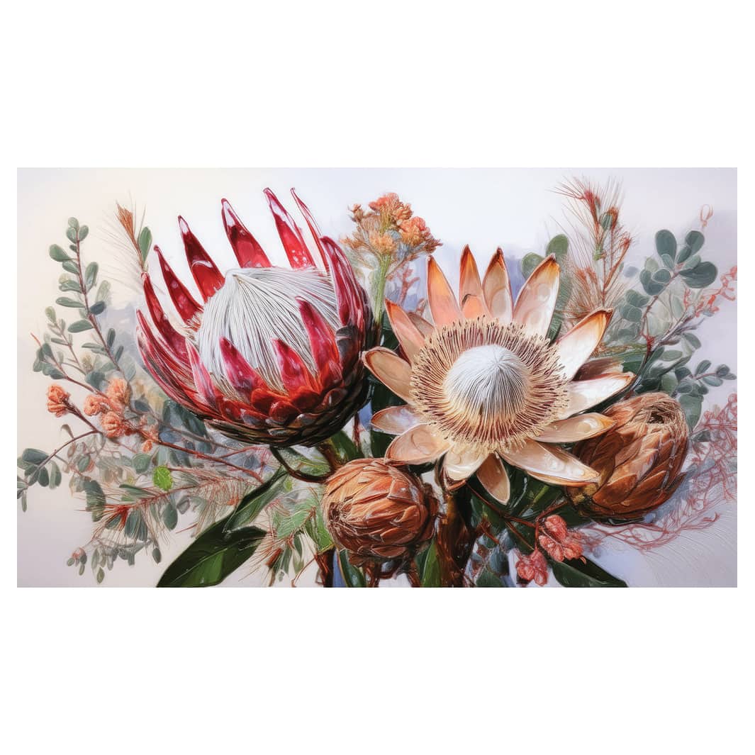 PROTEA BUNCH ON WHITE TABLECLOTH