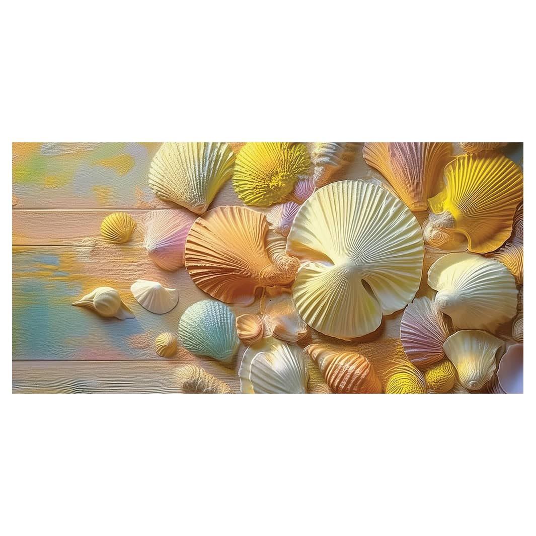 PASTEL SEASHELLS ON WOOD TABLECLOTH