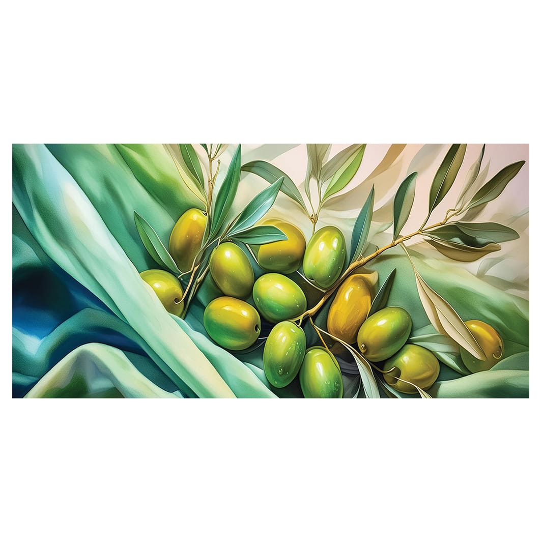 GREEN OLIVES ON SILK TABLECLOTH