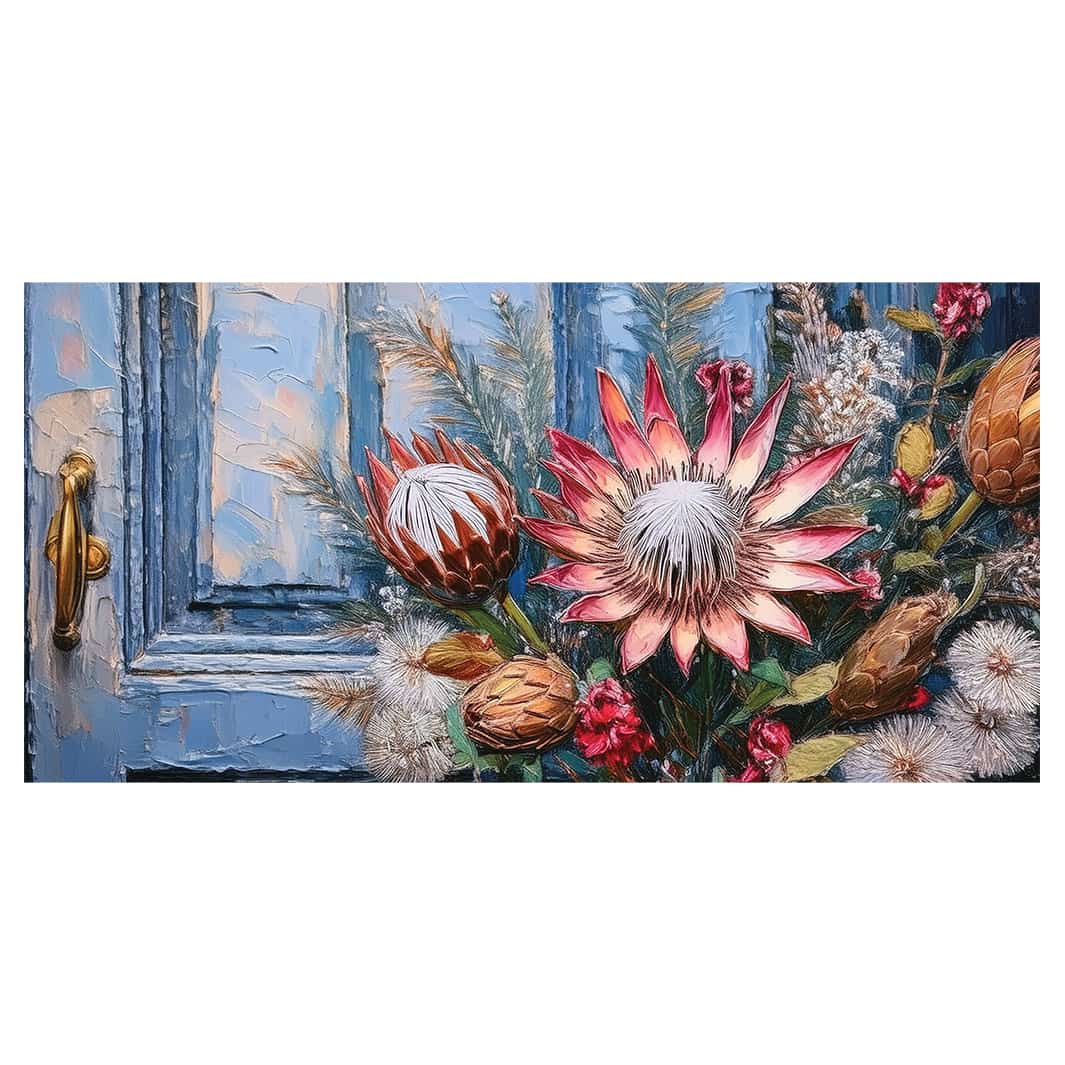 PROTEA BUNCH ON BLUE DOOR TABLECLOTH