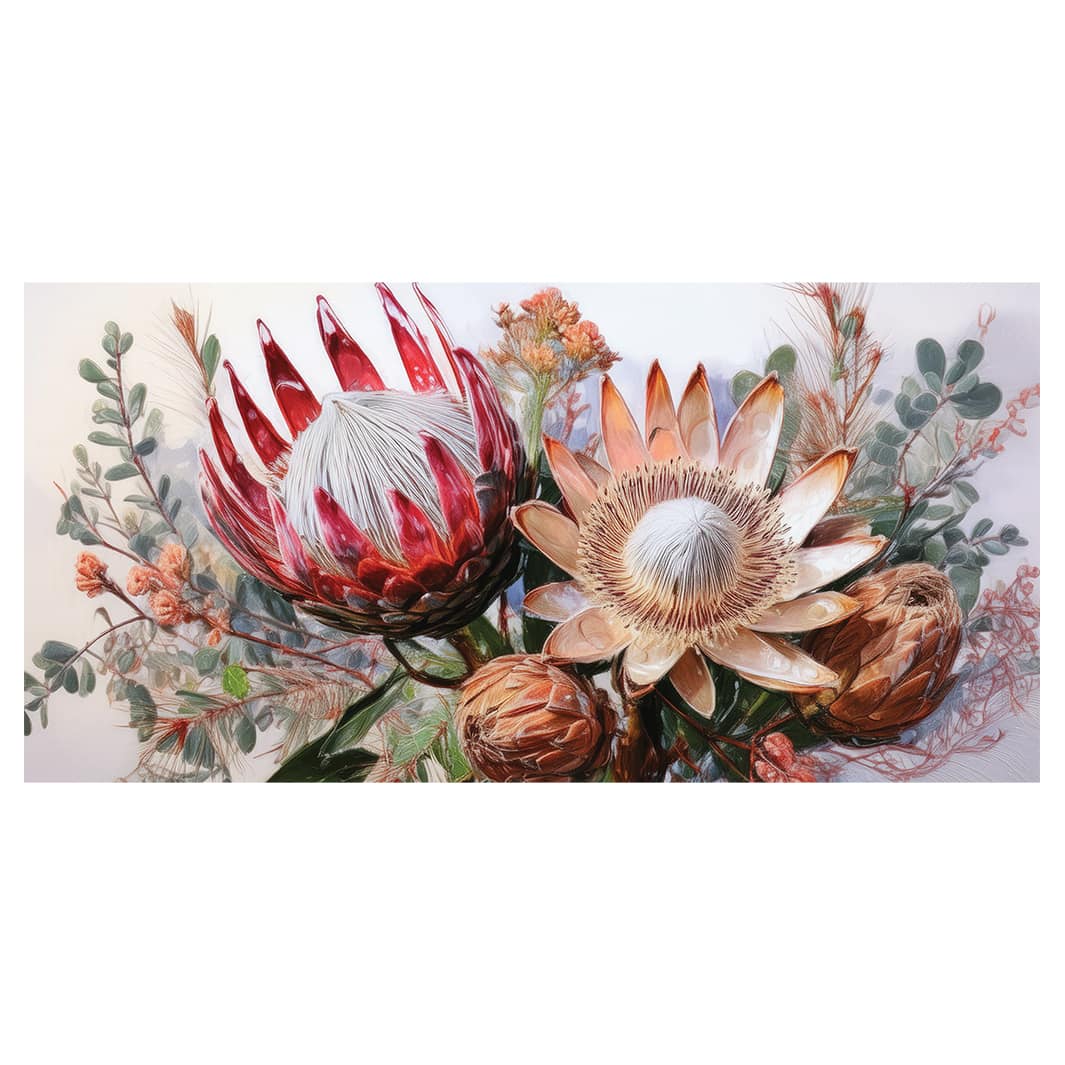 PROTEA BUNCH ON WHITE TABLECLOTH