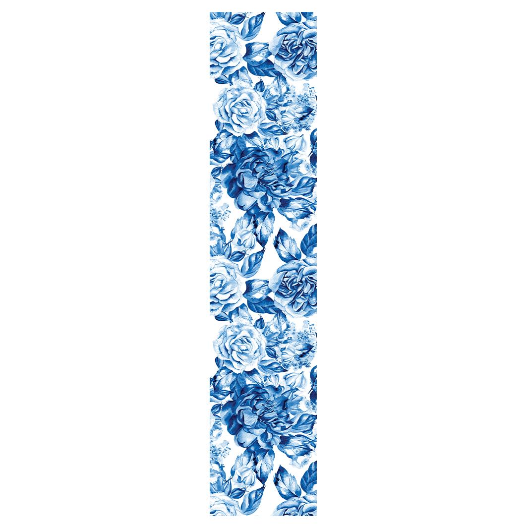 BLUE ROSE GARDEN ON WHITE TABLE RUNNER