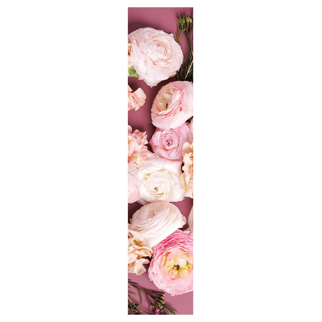 ROSES, PEONIES, AND WAX FLOWERS ON PINK TABLE RUNNER