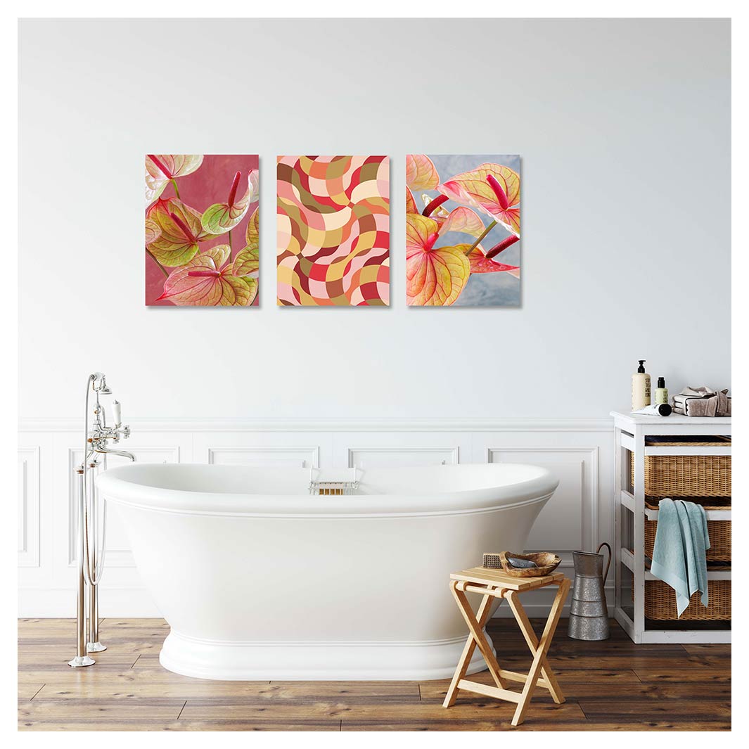 VIBRANT RETRO ANTHURIUM PINK BIRCH BLOCKS 3 PIECE COLLAGE